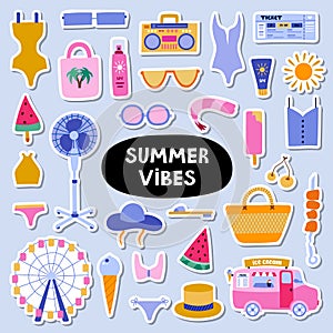 Trendy set of stickers about summer holiday, tropical beach, hot summer rest for planners. Ready for print list of stickers. Hand