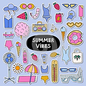 Trendy set of stickers about summer holiday, tropical beach, hot summer rest for planners. Ready for print list of stickers. Hand