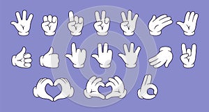 Trendy set of stylish cartoon hands showing different gestures. Toy hands in a glove show a heart, two fingers, three