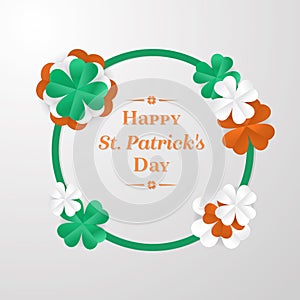 Trendy Shamrock Round frame with white, green and orange cut-out paper shape 3d stylized leaf clover on white background.