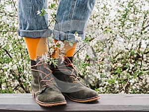 Trendy shoes and bright socks. Men`s and women`s style