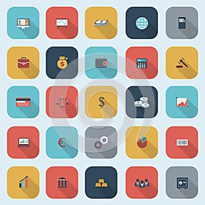 Trendy simple finance icons set in flat design with long shadows