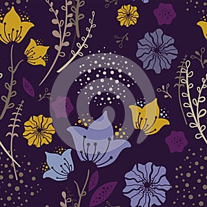 Trendy Simple Spring Floral Seamless Pattern. Handdrawn vector illustration. Naive childish Bluebell flowers on purple background