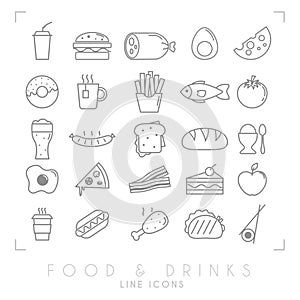 Trendy simple thin line food icons big set. Fast food and breakfast, national and healthy food symbols.