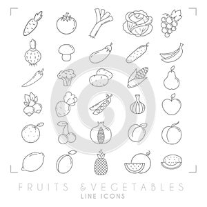Trendy simple thin line fruits and vegetables icons big set.