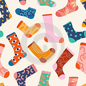 Trendy socks seamless pattern. Colorful designs cotton knee socking. Funny prints and ornaments. Casual legs knitwear photo