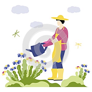 Trendy spring, gardening people concept. Man watering spring flowers