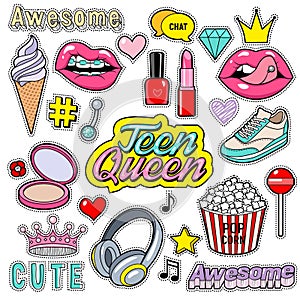 Trendy sticker pack heart, crown, lips, diamond. Cute fashion stikers kit. Doodle pop art sketch badges and pins. Vector