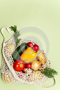 Trendy string bag with fresh vegetables and greens over light green background: potatoes, tomatoes, onion, bell pepper