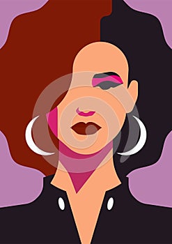 Trendy strong fashion woman face pop art portrait purple makeup poster t shirt print vector flat