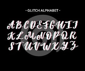Trendy style distorted glitch typeface. Letters and numbers, vector