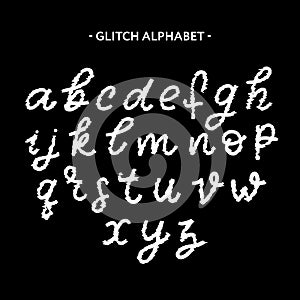 Trendy style distorted glitch typeface. Letters and numbers, vector