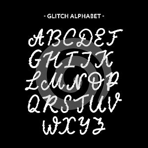 Trendy style distorted glitch typeface. Letters and numbers, vector