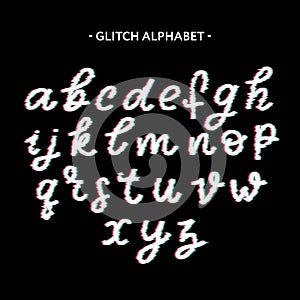 Trendy style distorted glitch typeface. Letters and numbers, vector