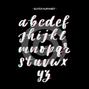 Trendy style distorted glitch typeface. Letters and numbers, vector