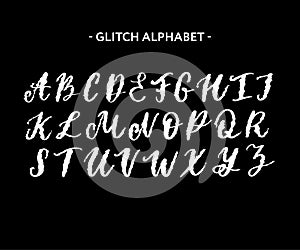 Trendy style distorted glitch typeface. Letters and numbers, vector