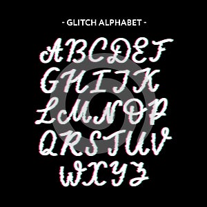 Trendy style distorted glitch typeface. Letters and numbers, vector