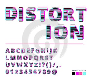 Trendy style distorted glitch typeface. Letters and numbers vector illustration. Glitch font design.