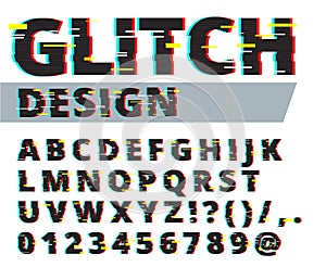 Trendy style distorted glitch typeface. Letters and numbers vector illustration. Glitch font design.