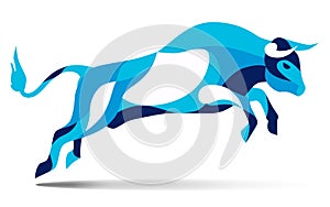 Trendy stylized illustration movement, bull jumping, line vector silhouette of wild ,