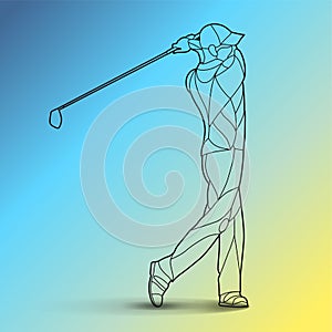 Trendy stylized illustration movement, golf player, golfer, line art vector silhouette, isolated on gradient background