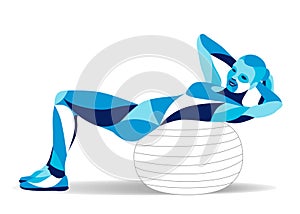 Trendy stylized illustration movement, women on a fitness ball, training abs, line vector silhouette