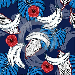 Trendy Sumemr Beautiful Hand drawn seamless pattern with tropical outline and palm leaves mix with banana hibiscus flowers colo photo