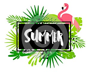 Trendy summer banner with palm leaves, flamingo, tropical plants and text in frame on white background. Flat design. Vector card