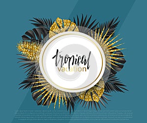 Trendy summer banner, poster with golden tropical plants and leaves . Vector universal background with place for text.