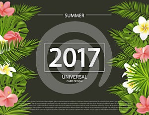 Trendy summer banner, poster with tropical flowers, plants and leaves . Vector universal background with place for text.