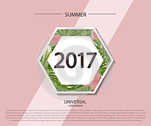 Trendy summer banner, poster with tropical flowers, plants and leaves . Vector universal background with place for text.