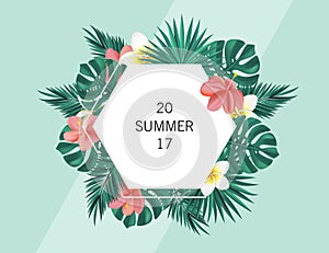 Trendy summer banner, poster with tropical flowers, plants and leaves . Vector universal background with place for text.
