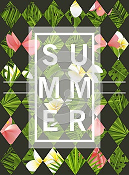 Trendy summer card, banner, poster with tropical flowers, plants and leaves . Vector illustration.