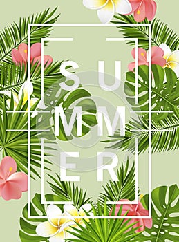 Trendy summer card, banner, poster with tropical flowers, plants and leaves . Vector illustration.