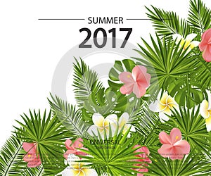 Trendy summer card, banner, poster with tropical flowers, plants and leaves . Vector illustration.