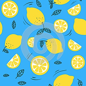 Trendy summer pattern with lemons and colorful background. Hand drawn lemons design for textile, cases, prints etc. Vector photo