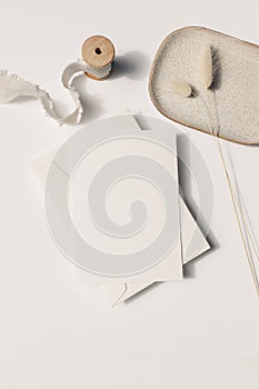 Trendy summer stationery still life. Blank greeting cards mock ups scene with Lagurus ovatus grass, silk ribbon and