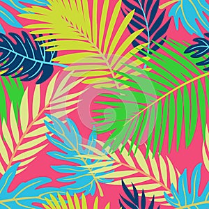 Trendy Summer Tropical Leaves Vector Design. Floral seamless pattern. Doodle vector background with leaves.