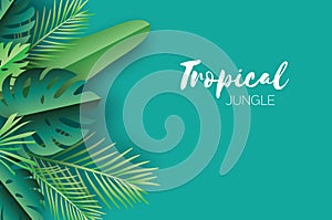 Trendy Summer Tropical palm leaves, plants. Paper cut style. Exotic Hawaiian summertime. Space for text. Beautiful dark