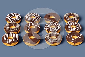 Trendy sunlight Summer pattern made with glazed donut with sprinkles on a grey