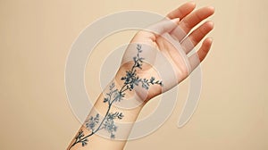 Trendy tattoo on girl s hand symbolizing freedom, rebellion, and uniqueness on beige banner.