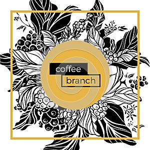 Trendy template. Coffee branches with leaves, flowers and natural coffee beans. Vector