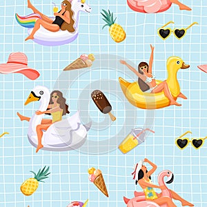 Trendy texture. Seamless  pattern with woman floating on inflatable ring and cute summer elements. Vector.