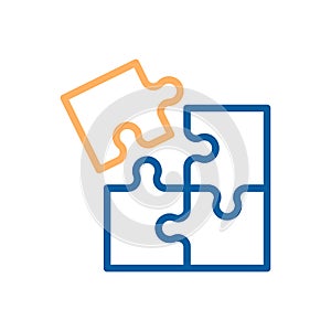 Trendy thin line corporate blue and orange puzzle icon. Vector illustration of four puzzle matching pieces for concepts of games,