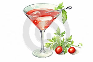 Trendy tomato martini cocktail in a glass, watercolor illustration, white isolated background