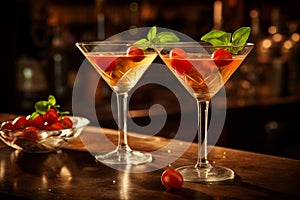 Trendy tomato martini cocktail in glasses and tomatoes on a plate on the table in bar