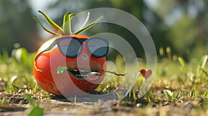 A trendy tomato strutting around the picnic with aviator sungles and a toothpick in its mouth looking like the coolest