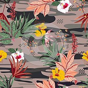 Trendy tropical forest ,palm leaves and exotic flowers on camou flage seamless pattern vector