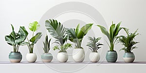 Trendy tropical green plants - monstera, monstera, palm and ficus in pots on white backdrop. Banner