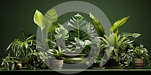 Trendy tropical green plants - monstera, palm and ficus in pots on dark green backdrop. Banner